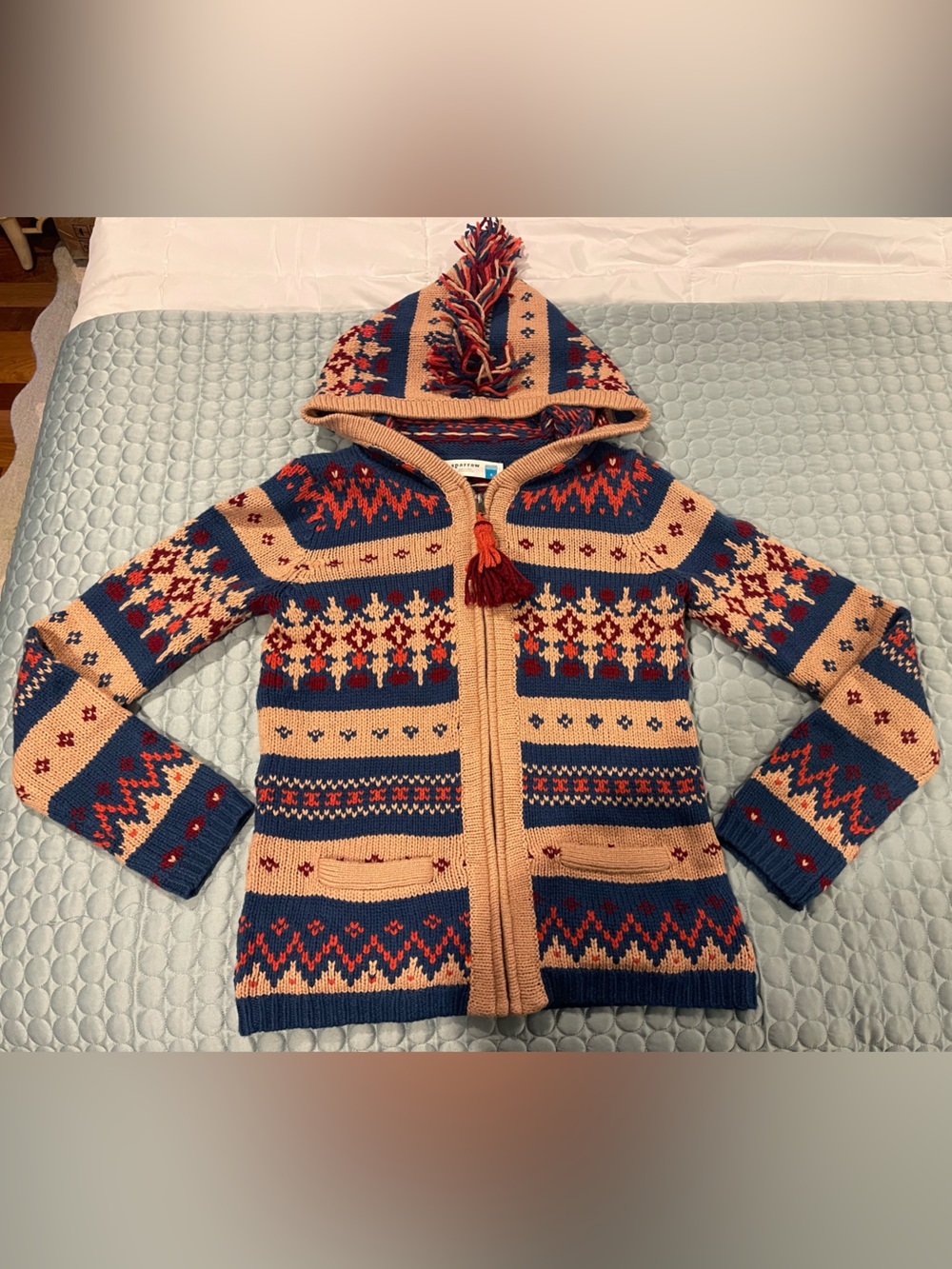 Anthropologie SPARROW Zip Front FAIRISLE HOODED Tassels Hooded Cardigan Small